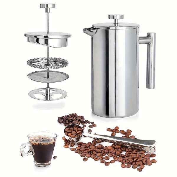 1 st, rostfritt stål fransk press kaffebryggare med sked set, dubbelvägg metallisolering kaffepress & tebryggare lätt att rengöra och lätt pressa Silvery