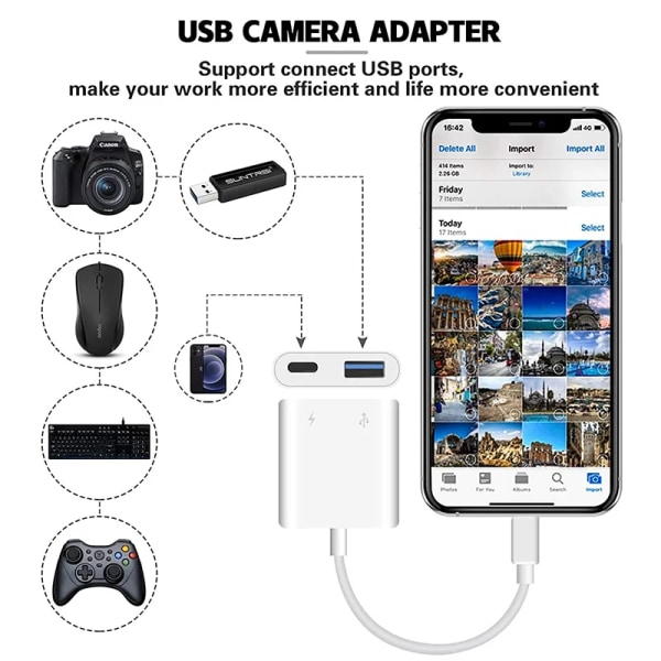 Adaptateur OTG för iPhone 14 13 12 11 Pro Max XR 8 Plus, kabel Lightning versus USB 3.0, convertisseur pour souris, clavier, kamera, lecteur de carte 2 in 1-Lightning