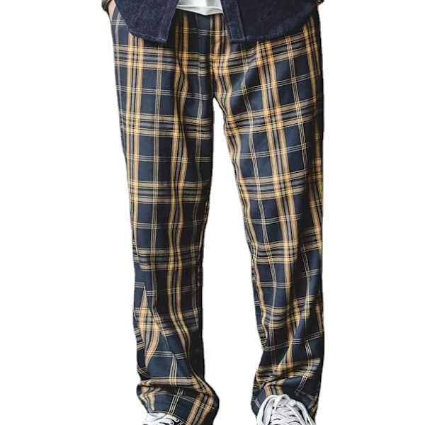 Plaid Casual Byxor Mäns Långa Byxor Lös Raka Slim Look Bred Ben Lös Midja Byxor Mäns Vår Och Höst Nytt Yellow XXL