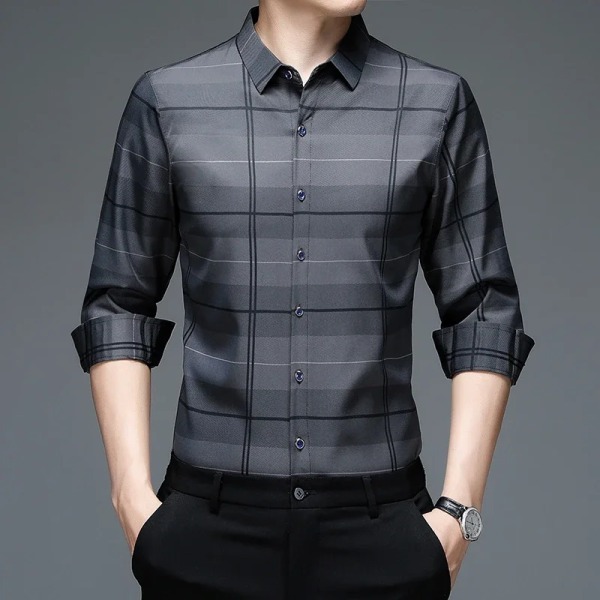 Ny casual och fashionabel långärmad tröja för män med printed anti-rynk-businessskjorta Lake blue M