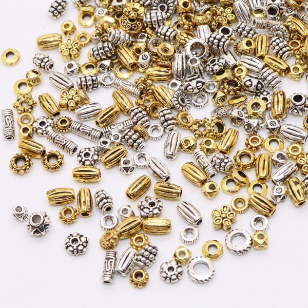 100/200 st blandade antika silver guldfärgade fatformade rörpärlor zinklegering mellanlägg lösa pärlor för DIY-armband smycken Mixed color 200PCS