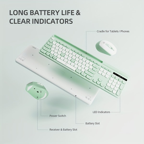 Trådlöst tangentbord och muskombination för Windows och Mac OS, tangentbord och mus i full storlek färgglad med USB mottagare och telefonvagga för bärbar dator Avocado Green [Green + White]