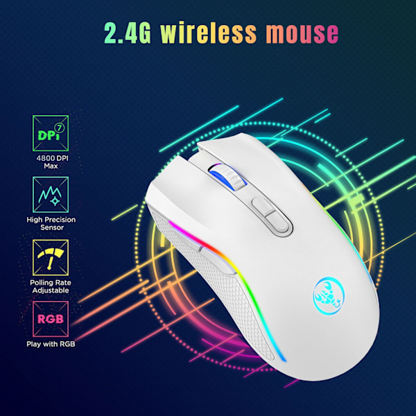 HXSJ T69 2.4G Trådløs Mekanisk Mus RGB Gaming Mus Ergonomisk 7 Programmerbare Knapper 4800DPI Mus til Kontor Gamer WHITE