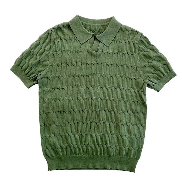 2024 Sommer Europæiske Varer Moderne Strikkede Jacquard Lapel Kort Ærme Trendy Mænds Casual Business Halv-Ærme T-Shirt Polo Trøje Green L