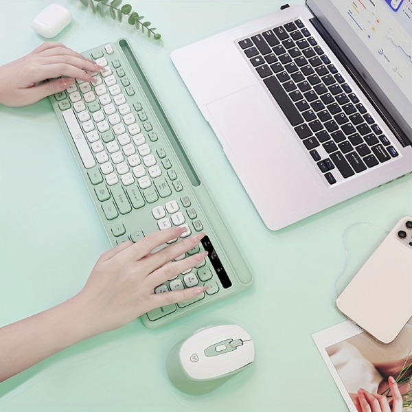 Trådlöst tangentbord och muskombination för Windows och Mac OS, tangentbord och mus i full storlek färgglad med USB mottagare och telefonvagga för bärbar dator Avocado Green [Green + White]