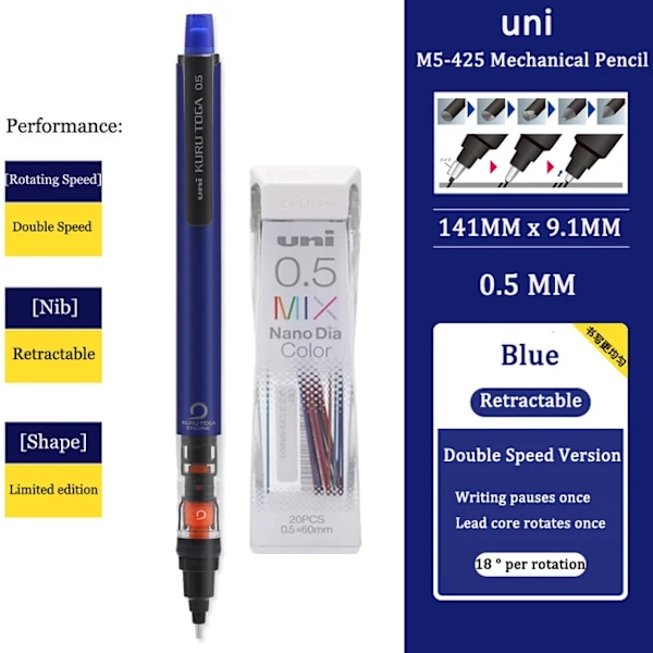 Uni Kuru Toga Mekanisk Penna M5-452 Bly Kärna Roterande Anti-Brytning Core Tips Längd 0,5Mm Söt Försörjning Av Papperskolar Blue add 1Box Mix