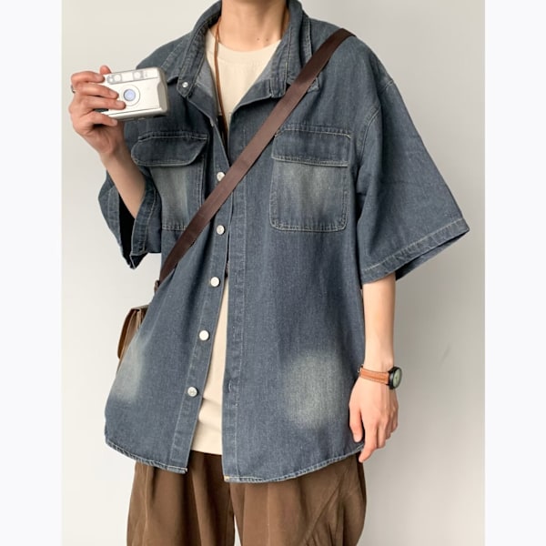 Kesän japanilainen pesty distressed lyhythihainen denimpaita pojille ja tytöille retro trendikäs Ruan Handsig Work -vaatteet Shira T-takki Trend Light Blue XXL