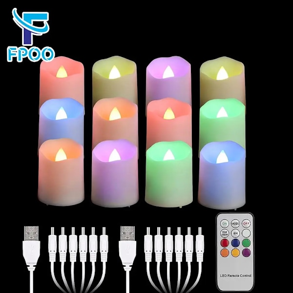 12 stk. Genopladelige Lys Farverige Flammeløse Flimrende Teelys Timer & 2 Opladningskabler Hjem Dekorative Fødselsdag LED Lys 12 PCS TH06 RGB white