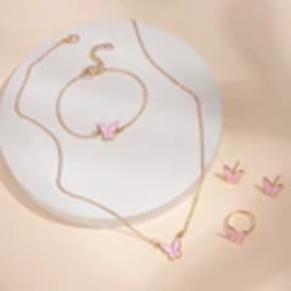 5PCS Fashion Butterfly Vedhæng Halskæde Øreringe Ring Armbånd Sæt Til Kvinder Smykker Sæt Brude Bryllup Smykker Gave Pink