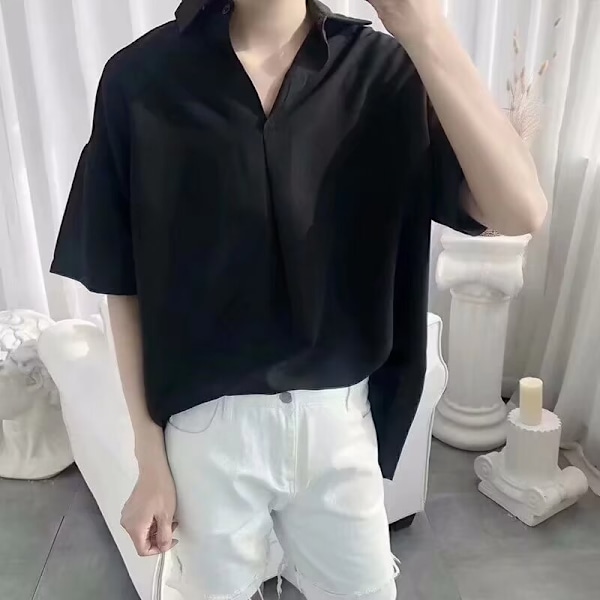 Sommer Tynd Top Koreansk Stil Løs Casual Kortærmet Skjorte Mænds Trendy Højgradig Draping Icke-Jern Trend Black M