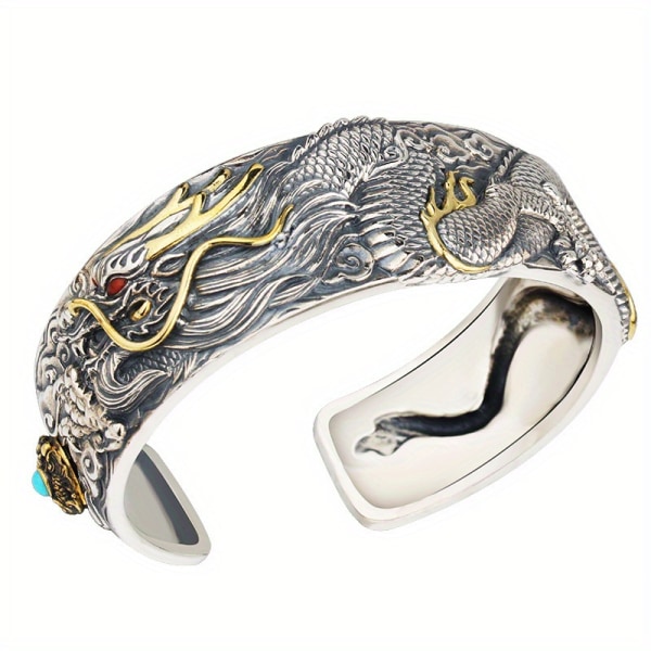 Carved Dragon Beast öppet armband, klassiska utsökta retro dominerande handledstillbehör för män Silvery
