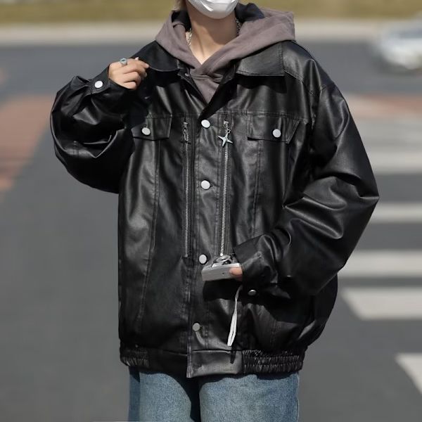 Amerikansk Retro Læderjakke Mænd Forår Og Efterår Stilig Mode Mærke Casual Løs Pu Læder Polo Krave Jakke Efterår Og Efterår. Vinter Black L
