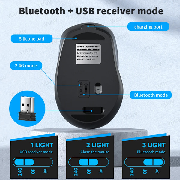 Ergonomisk trådløs Bluetooth-mus 1600DPI genopladelig mus til MacBook Tablet Computer Laptop 2.4GHz USB PC-opsætningstilbehør Black