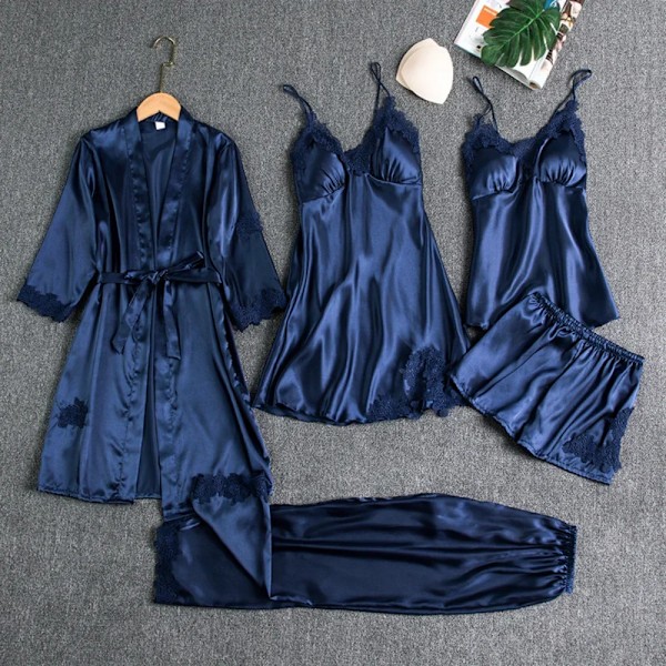 5Pc Silk Robe Sovdräkt Kvinnor Spets Kläder Vår Nattkläde navy blue M