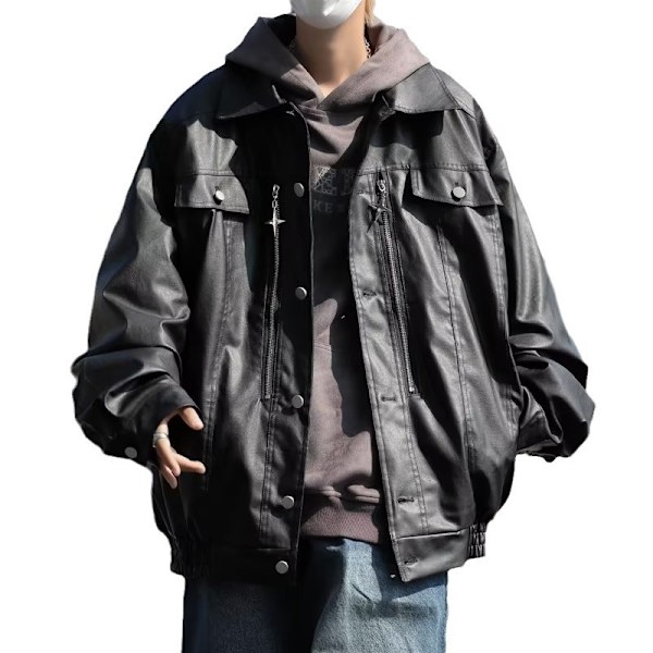 American Retro Läder Rock Mäns Vår Och Hösten Stilig Mode Varumärke Casual Loose Pu Läder Polo Krage Jacka Höst Och Höst. Vinterna Black L