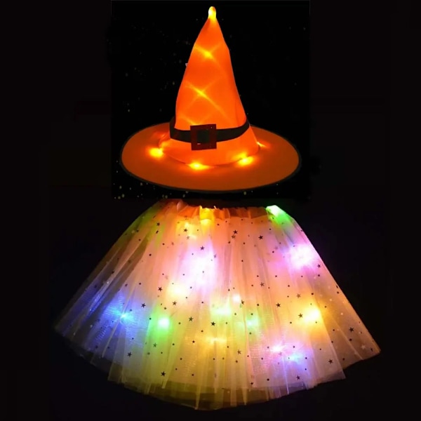 Kvinder Børn Pige Lysende Led Glow Lights Alfe Heks Hat Stjerne Skjold Spider Web Troldmand Kostume Fest Gave Halloween Festivaler bag and wand for teens or women