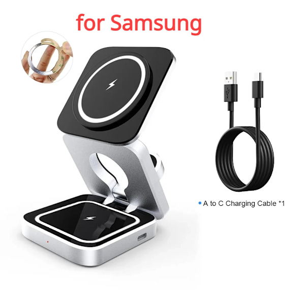 3-i-1 magnetisk trådlös laddare, hopfällbart stativ för 15, 14, Airpods, för Apple / för Samsung Galaxy S23 for Samsung Black