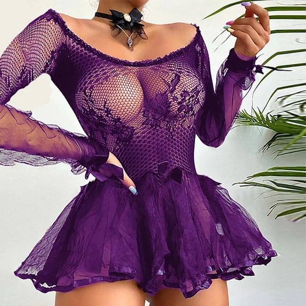 Mini Kjole til Kvinder Sexy Blonder Gennemsigtig Mesh Natkjole Langærmet O-hals Solid 2024 Hot Sale Erotisk Pyjamas Skørt Kostumer PURPLE M