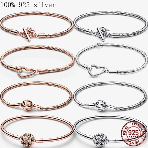 925 Sterling Silver Charm Bead Armband för Kvinnor Original Rose Gold Charms Hjärta Armband Bangles Snake Chain Diy Smycken CPB002 17cm