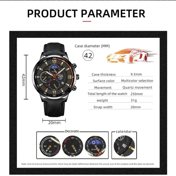 2ST Set Mode Herr Sportklockor Man Business Läderarmband Quartz Watch Lyx Herr Casual Luminous Clock Reloj Hombre Black Black