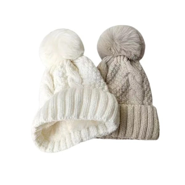 Vinter Twist Strikhue Til Kvinder Pels Pompom Tyk Plushet Hat Beanie Ensfarvet Dame Varmt Ski Sne Skullies Beanies beige