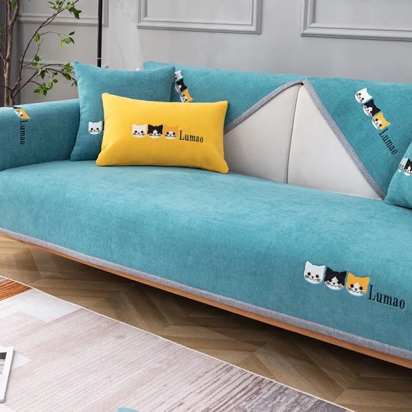 Nordic Simple Sofa Cushion Four Seasons Universal , halkfritt cover Chenille High-end kudde Cover Tyg Cat Head Blue 70*150cm