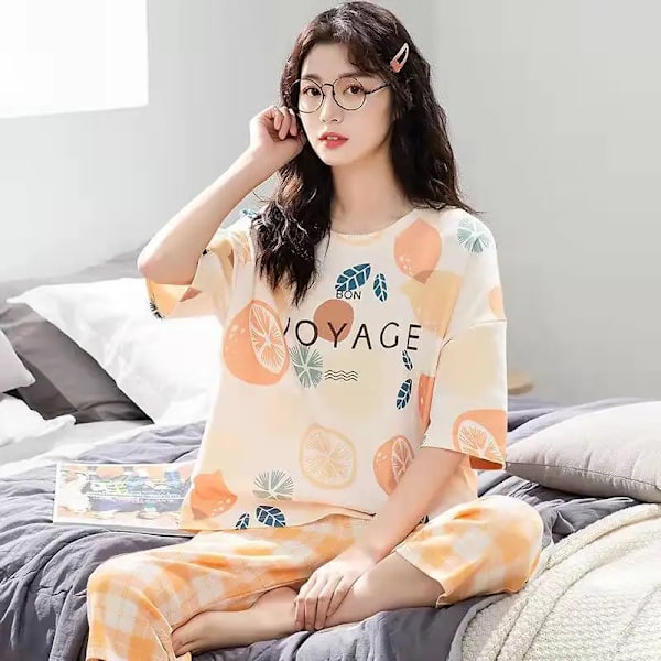 Sommer Damer Pyjamas Loungewear Sæt Kvindernes Sommer Ærme Kort Skære Bukser Loungewear Tynd Koreansk Casual To. Chef Indstilling Yellow2023-37 XL