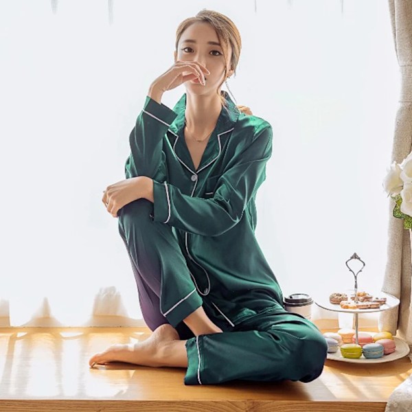 Naisten Yövaatteet Yksinkertainen Satiini Pyjamasetti Pitkät Hihat Napit Kaulus Paita Joustavat Housut Loungewear Yöasut 2 Osainen Yöasu Green 5XL