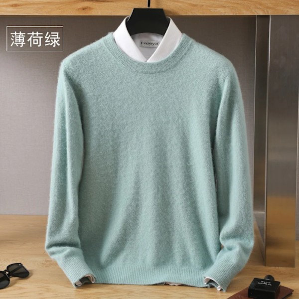 Mænds 100% Ren Mink Cashmere Sweater O-Hals Pullover Strik Trøje Efterår Og Vinter Ny Langærmet High-End Jumper Mink Topper Mint green L