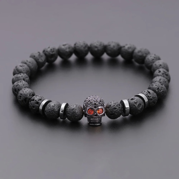 Black Eye Skull Hematite Bead Armband Herr Klassisk Handgjord 8mm Lava Stone Charm Armband För Män Smycken Present