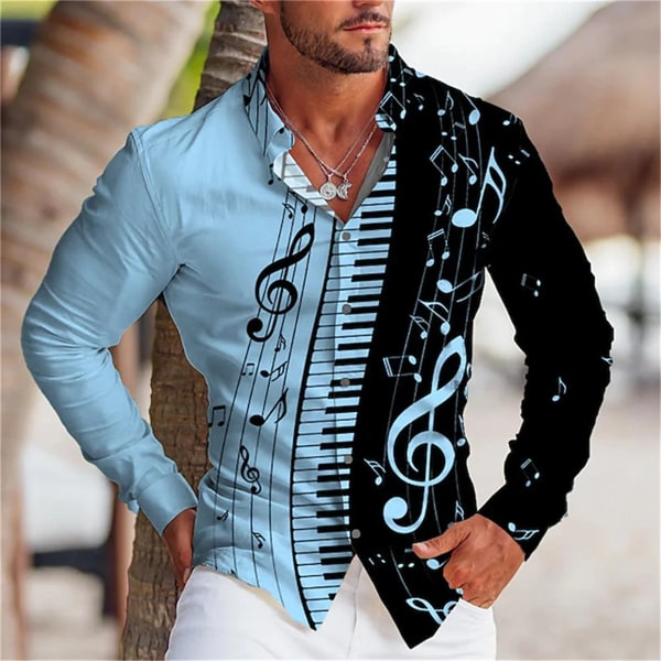 Ny Långärmad sommarskjorta för män Musiktryckdesign Knapp T-shirt Bekväma eleganta herrskjortor Överdimensionerade casual CXST914D5821 XL