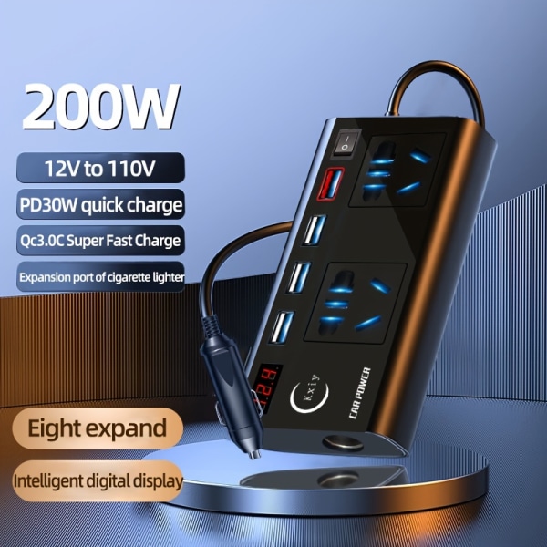 200W bilväxelriktare: 12V DC till 110V Power Converter med LED-skärm och 4 USB portar för snabbladdning