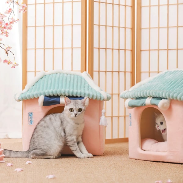Flera stil söta helt slutna hus för katter Värme vinter husdjur hus Super mjuk sovsäng för valp katt hus Pink 38x33x41cm