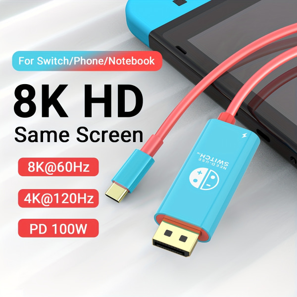 USB C till skärmport 8K@60Hz 4K@120Hz USB Typ-C till DP 201,17 cm kabeladapter [Thunderbolt 3/4-kompatibel] För Switch MacBook12 Red And Blue