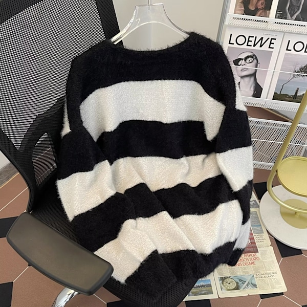 Minkki Turkki Raidallinen Paita Hame Miehille Ja Naisille Kevät Ja Syksy Korealainen Tyyli Loose Ja Lazy Tyyli V-Kaula Cardigan Trendikäs Syksy Ja Talvi Uusi Black And Gray L