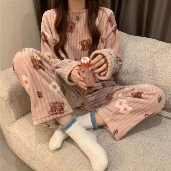 Syksy Talvi Lämmin Flanelli Fleece Naisten Pyjamasetit Paksu Koralli Sametti Pitkähihainen Piirretty Yöasu Ohut Flanelli Asetus Pyjama SCC-Beige XL