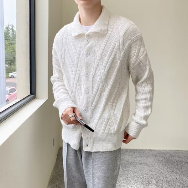 Diamantgitter Stickade Cardigan Mænd Løs Lapel Vinter Koreansk Stil Par Casual Alsidig Trøje Coat Trendy Au Au. Tum Og Vinteren White XL