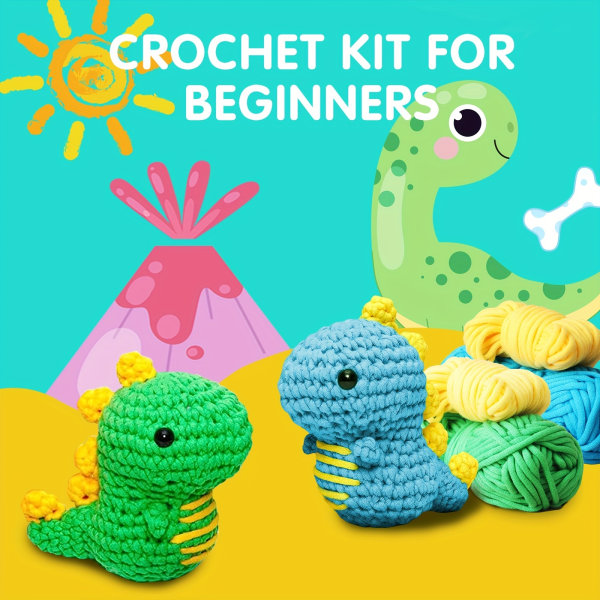 Virkningssats för nybörjare, Lär dig virka Kit för barn Present, liten dinosaurie DIY stickningskit för vuxna (Verktygstillbehör Färg Slumpmässig)