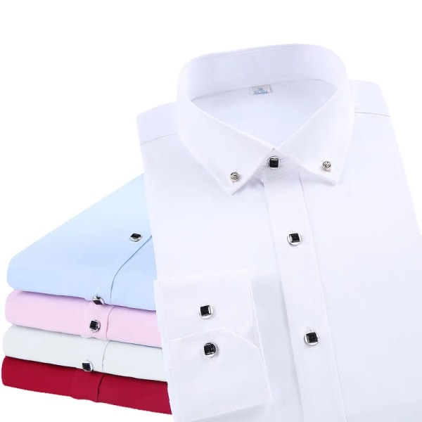 Långärmad herrskjortaklänning av hög kvalitet Casual Enfärgad Rutinpassform Design Business Manliga sociala skjortor Vit Blå Svart Pink XL - 40