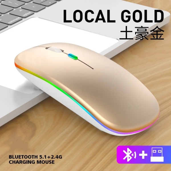 Trådlös Bluetooth musspel för Macbook Pro Laptop PC 2,4Ghz-anslutning 4 nycklar 1600 DPI Ergonomi Inbyggt litiumbatteri Gold
