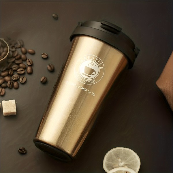 1 st isolerad kaffekopp med handtag 16,9 oz/500 ml, bärbar bilbehändig kopp, värmebevarande, 304 rostfritt stål vakuumisolerad vattenkopp Golden 500ml