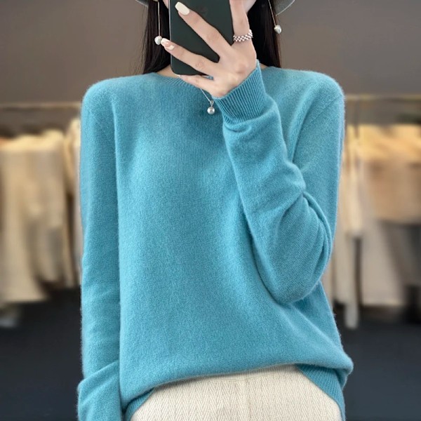 Hösten Och Vintern Nya Merino 100% Ull Massiv Färg Varm Kvinnlig O-Hals Stickad Lång Ärm Solid Färg Pullover light green M