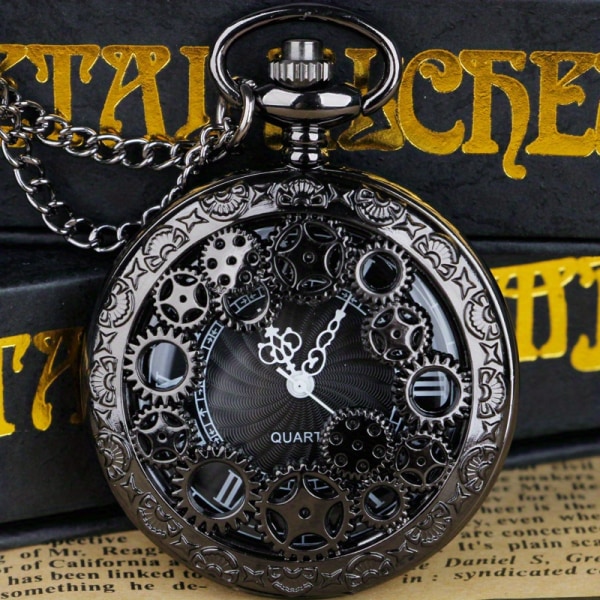 Retro Black Hollow Gear Design Halsband Pendant Pocket Watch present för män och kvinnor Black