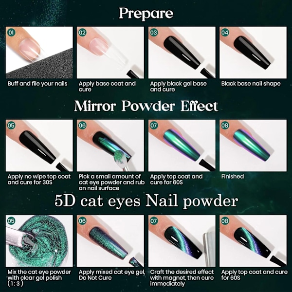 5D Magic Mirror Effekt Katteøje Pulver Magnetisk Negle Glitter Pigment Manicure Holografisk Krom Støv Kan Bruges Med Polish Gel 12