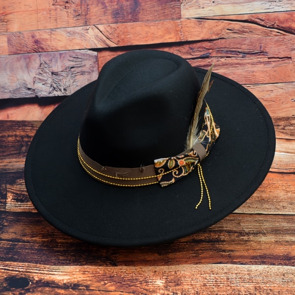 Boho Bow Faux Fedoras Cap Vintage Enfärgad Jazz Hat Unisex filthattar För Kvinnor Män BLACK L/XL