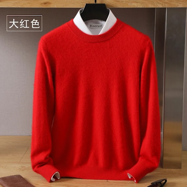 Mænds 100% Ren Mink Cashmere Sweater O-Hals Pullover Strik Trøje Efterår Og Vinter Ny Langærmet High-End Jumper Mink Topper Red XXL