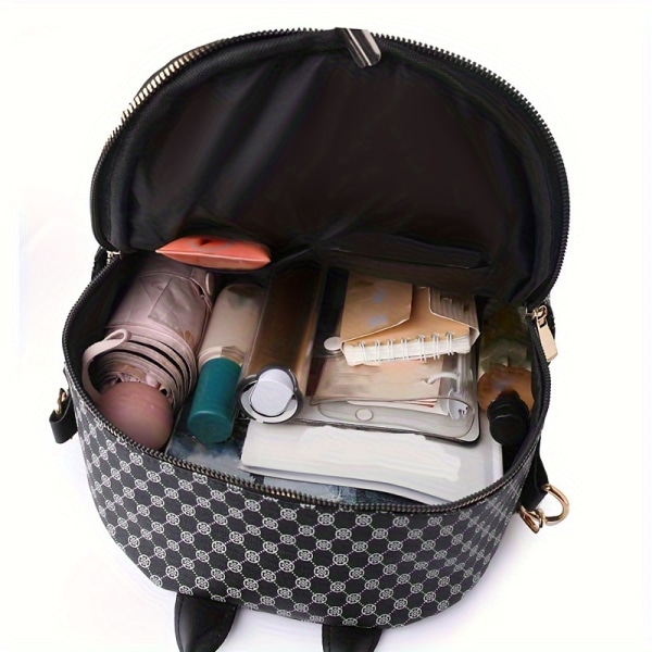 Retro print ryggsäcksväska, reseskolväska i PU-läder, tvåvägs konvertibel axelväska Brown