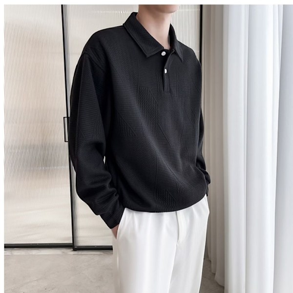 Herretrøje Ny 2023 Efterår Og Vinter Lapel Mode Mærke Efterår Tøj Vaffel Langærmet Skjorte Herre Top Forår Og Efterår. Black XXL