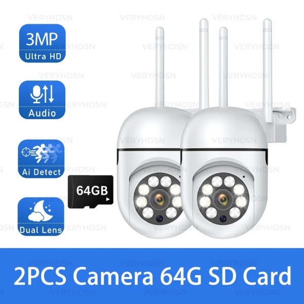 3MP PTZ WiFi IP-kamera Säkerhet Videoövervakningskamera Människodetektering Automatisk spårning Night Vision Utomhus Vattentätning UK Plug 3MP-64G SD Card-2PCS