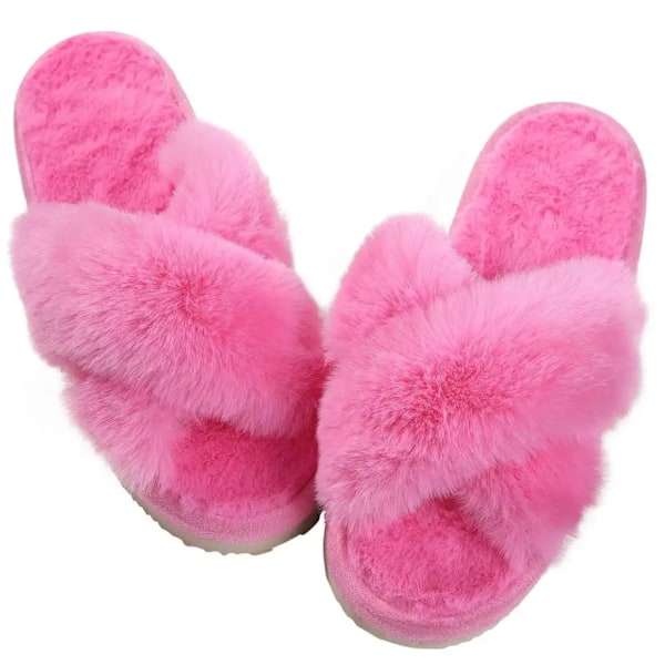 Eyriphy Vinter Varma Toffpar Kvinnor Cross Band Cotton Sandaler Fluffig Mjuk Botten Slides Plush Fuzzy Home Toffpers Mysiga Pälsa Skor Hot Pink 1 44-45